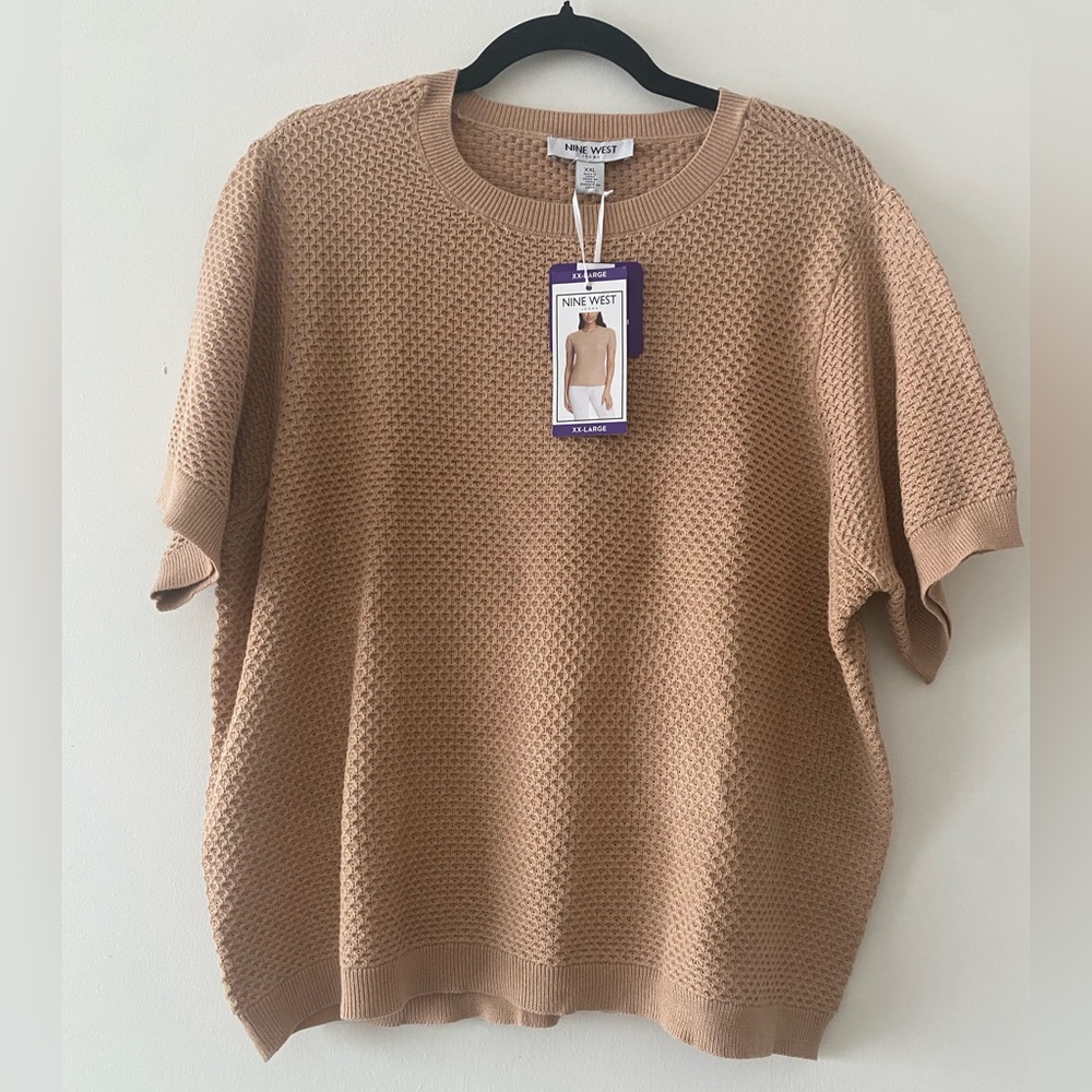 Nine West Women Sweater Top Knit Short‎ Sleeve Size XXL Khaki Career Wear Office